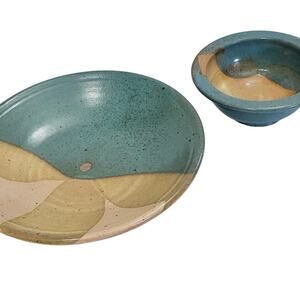 Vtg Stoneware Bowls Studio Pottery Minimalist Muted Natural Blue, Tan - Signed